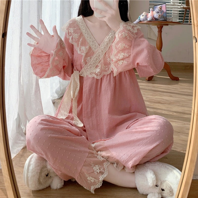 Sweet Lace V-neck Home Cotton Pajamas Set