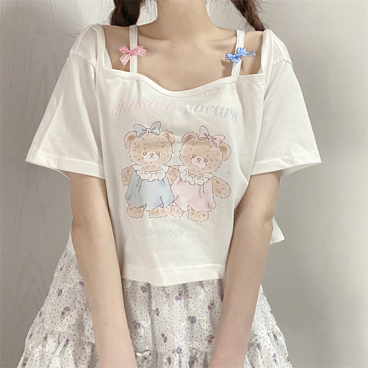 Cartoon Bear Print Off the Shoulder Short T-shirt