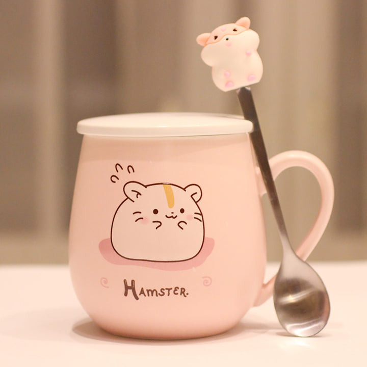 Pastel Pink Hamster Mug with Lid and Spoon