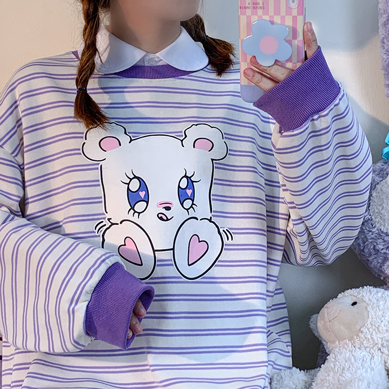 Sparkly Eyes Bear Striped Sweatshirt