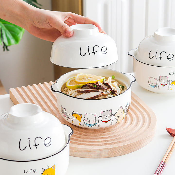 Cute Cartoon kitties Print Ceramic Noodle Bowl Set