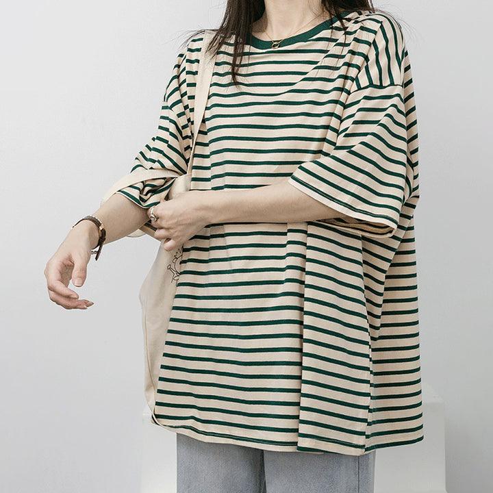 Stripe Round Collar Loose T-shirt