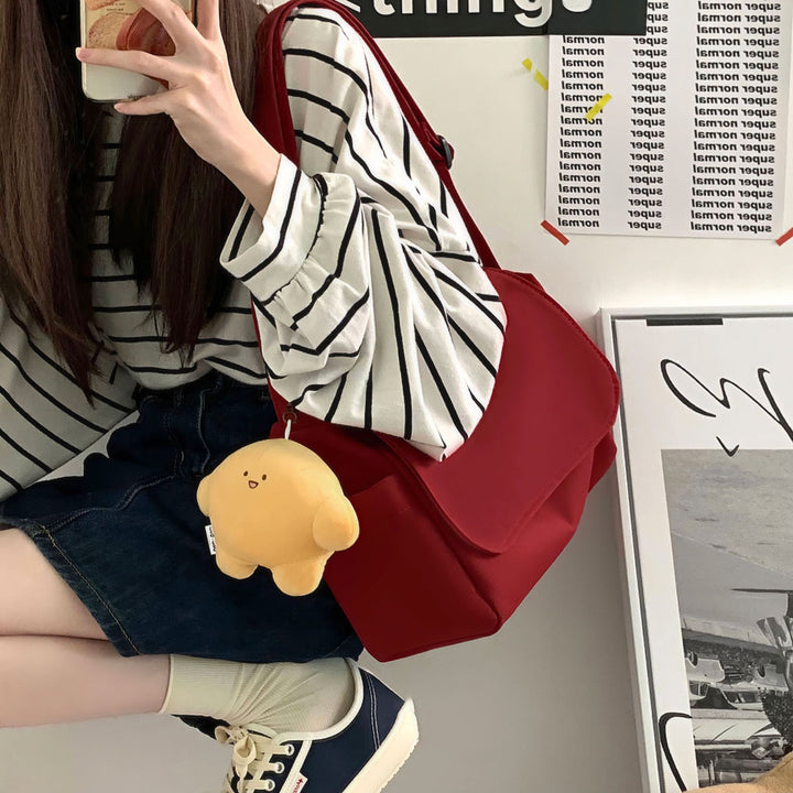Japanese Pure Color Canvas Shoulder/Crossbody Bag with Pendant