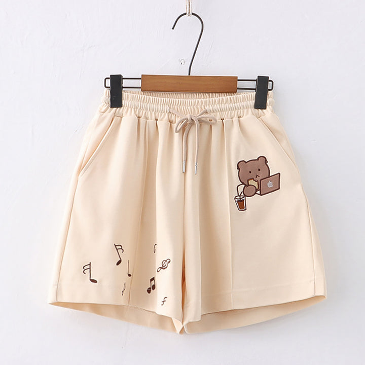 Cartoon Bear Embroidery Pocket Shorts