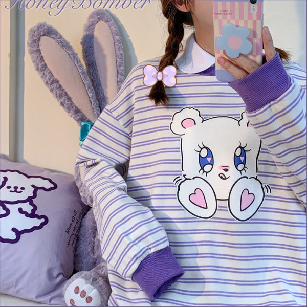 Sparkly Eyes Bear Striped Sweatshirt