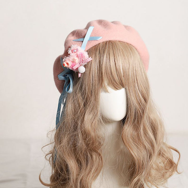 Sweet Retro Bear Ribbon Beret Hat