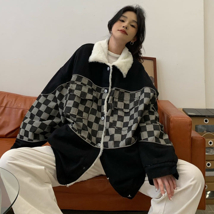 Gothic Black Checkered Button Up Loose Coat
