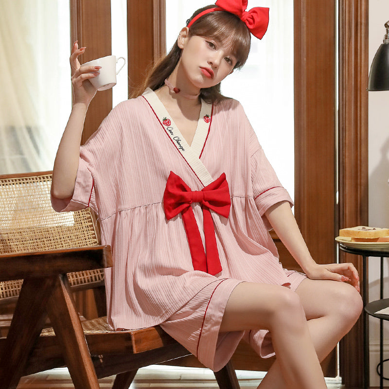 Cartoon Print Bow Knot V-neck Cotton Summer Pajamas Set