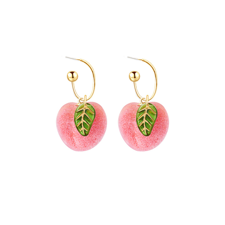 Sweet Peach Fruit Leaf Dangle Earrings
