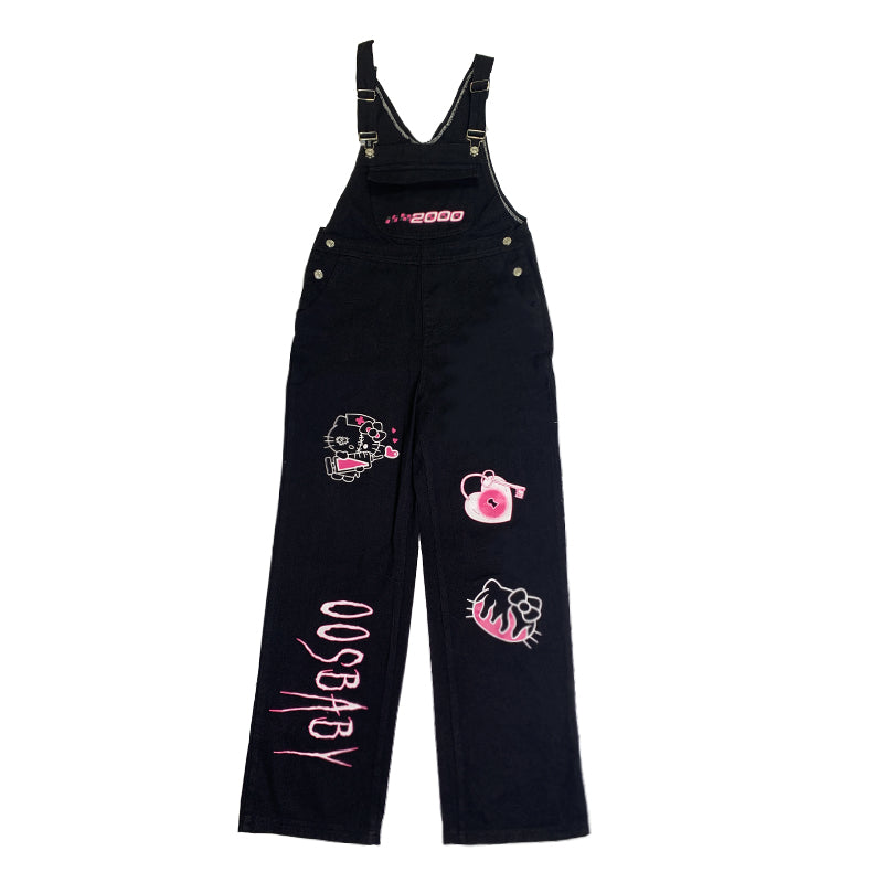 Retro Punk Kitty Print Oversize Overalls