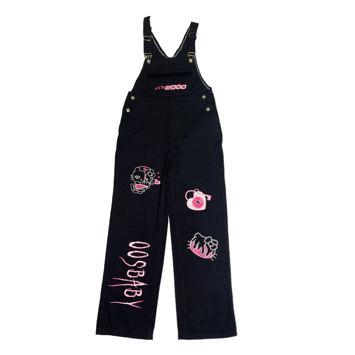 Retro Punk Kitty Print Oversize Overalls