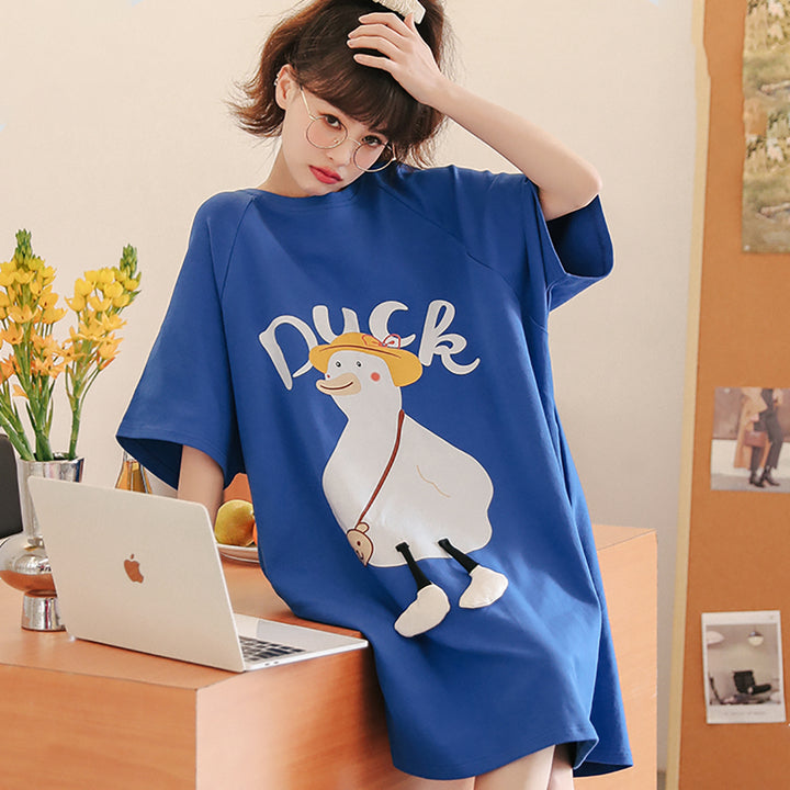 Lovely Cartoon Duck Blue Loose Cotton Pajamas