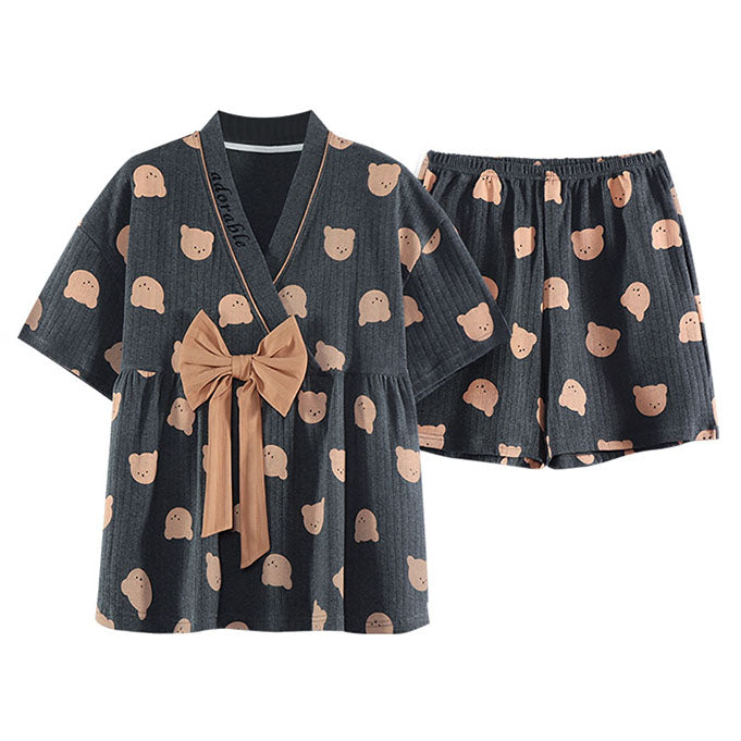 Cartoon Print Bow Knot V-neck Cotton Summer Pajamas Set