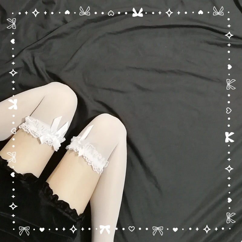 Kawaii Lolita White Ribbon Over The Knee Socks