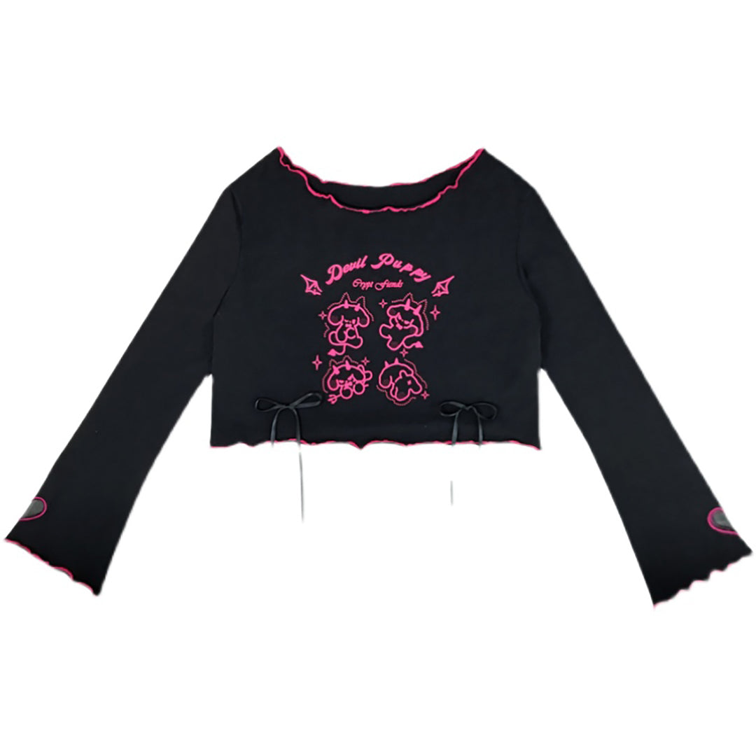 Devil Puppy Print Bowknot T-shirt