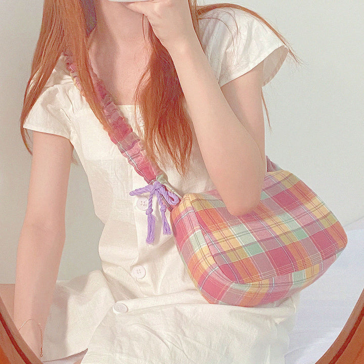 Lavender Daisy and Checkered Print Shoulder Bag