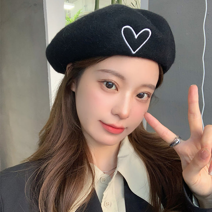 Front Heart Embroidered Beret Hat
