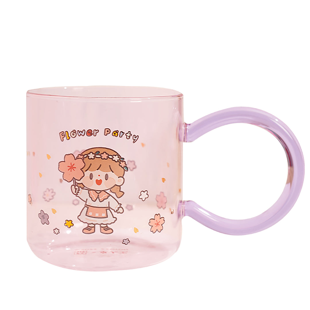 Cute Cartoon Girl Flower Party Glass Cup with Spoon