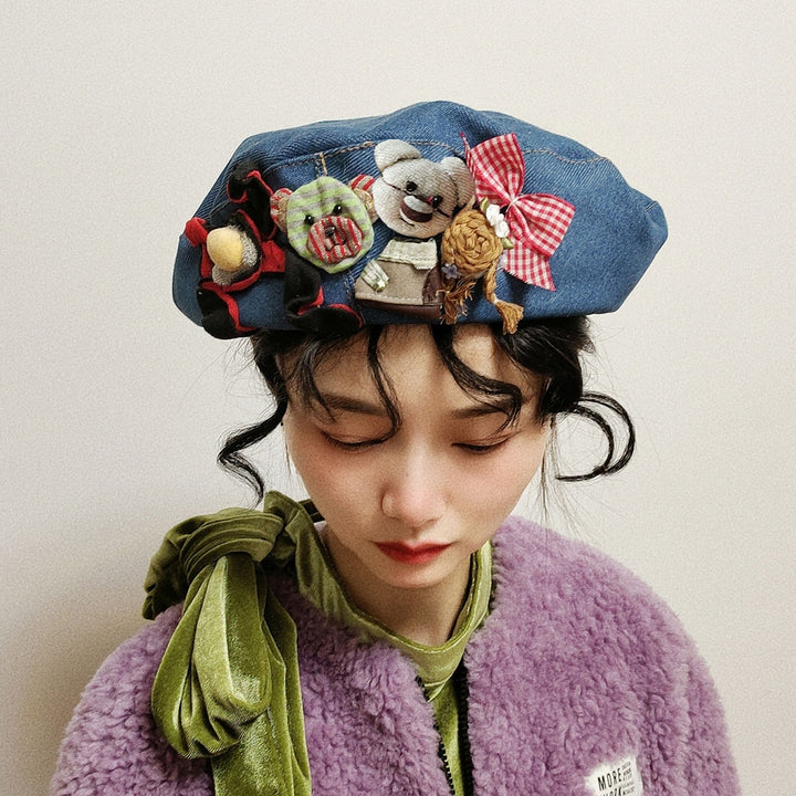 Vintage Bear Bowknot Flower Embroidery Denim Beret