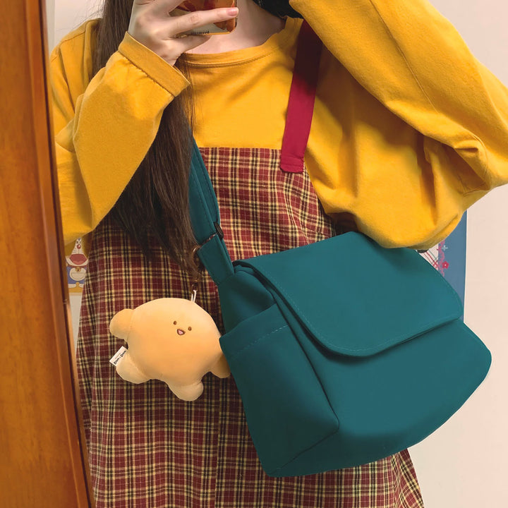 Japanese Pure Color Canvas Shoulder/Crossbody Bag with Pendant