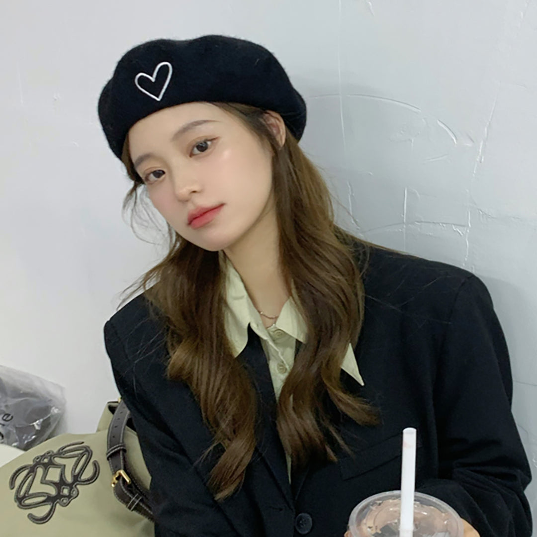 Front Heart Embroidered Beret Hat