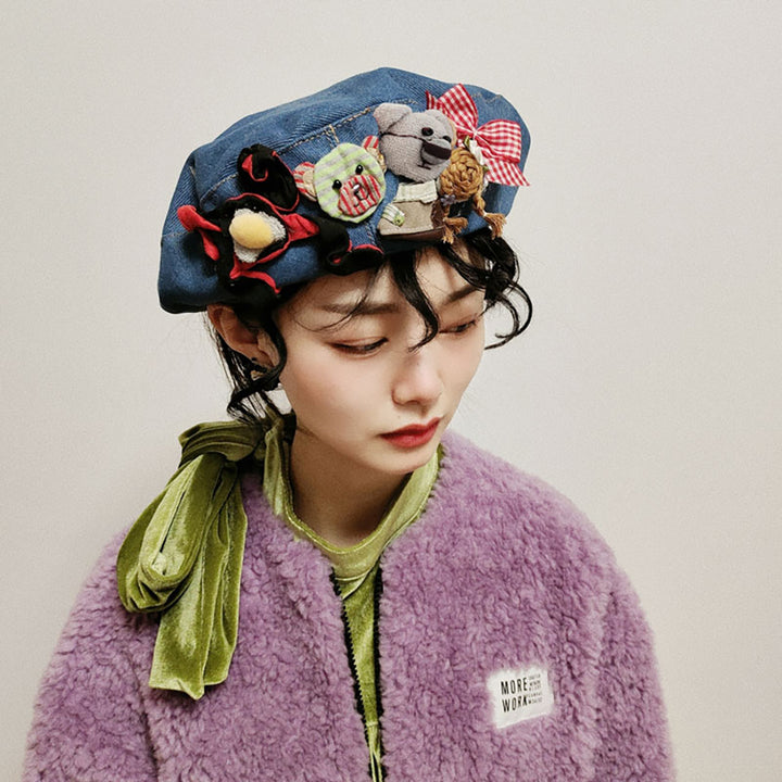 Vintage Bear Bowknot Flower Embroidery Denim Beret