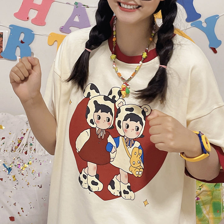 Cartoon Cows Print Cotton T-shirt