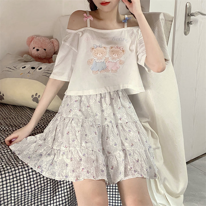 Cartoon Bear Print Off the Shoulder Short T-shirt