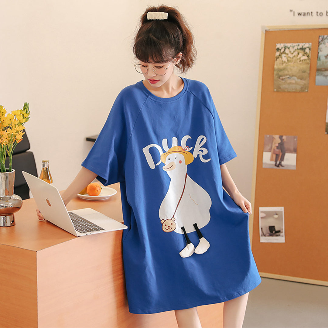 Lovely Cartoon Duck Blue Loose Cotton Pajamas