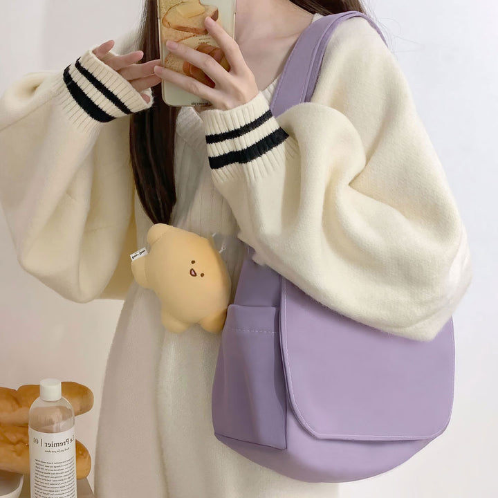 Japanese Pure Color Canvas Shoulder/Crossbody Bag with Pendant