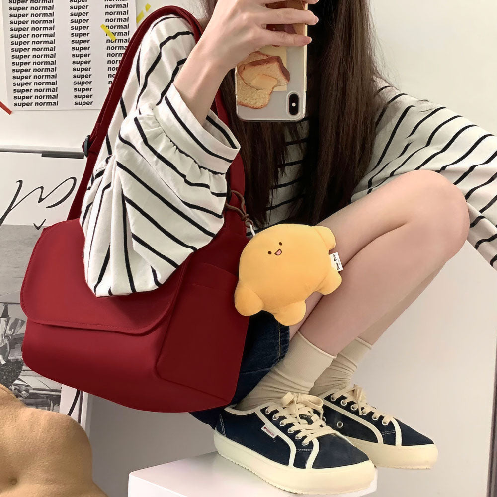 Japanese Pure Color Canvas Shoulder/Crossbody Bag with Pendant