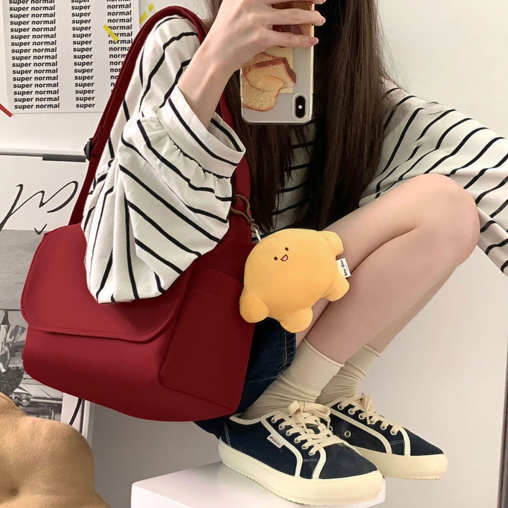 Japanese Pure Color Canvas Shoulder/Crossbody Bag with Pendant