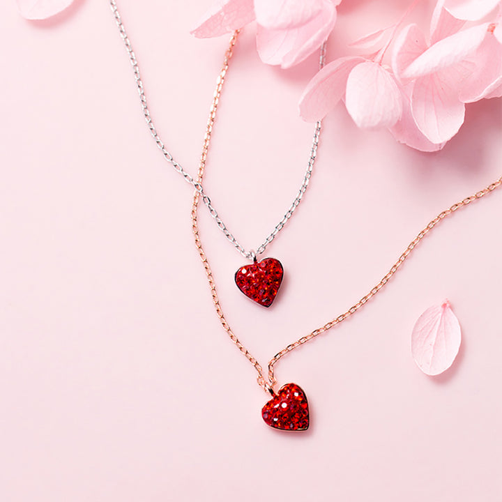 Red Heart Crystal Pendant Silver Necklace