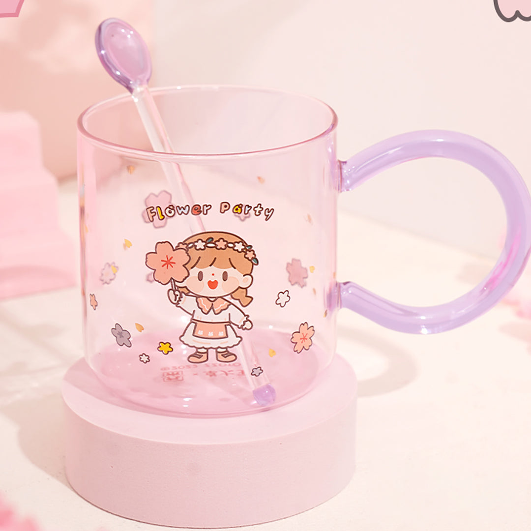 Cute Cartoon Girl Flower Party Glass Cup with Spoon