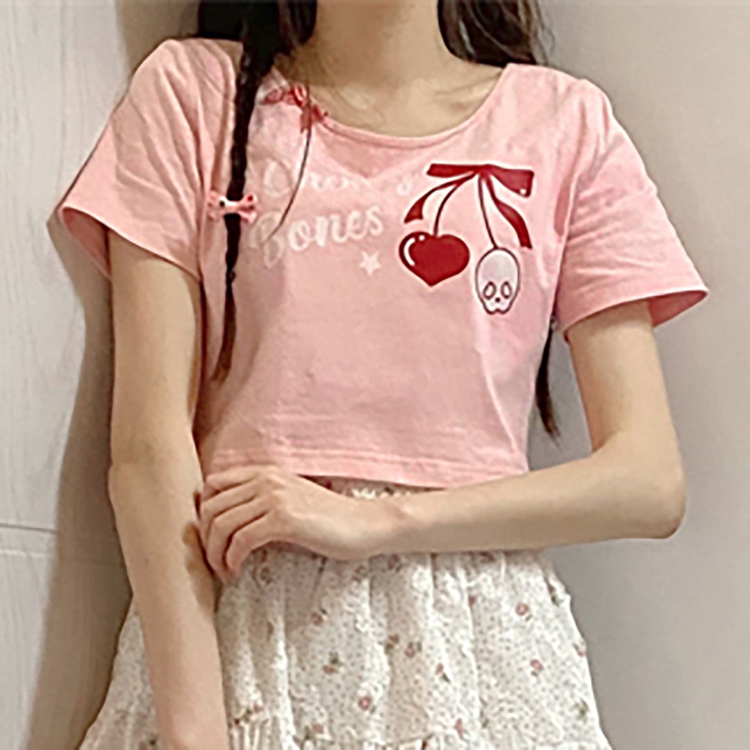 Sweet Cherry Print Cotton Short T-shirt