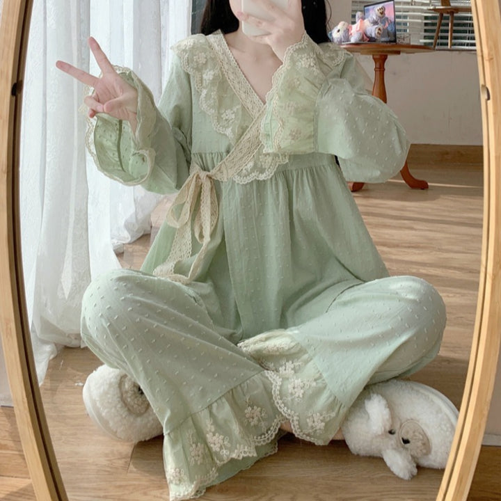 Sweet Lace V-neck Home Cotton Pajamas Set