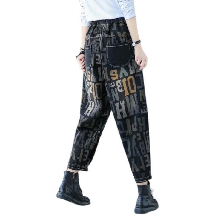 Letter Printed Faded Elasticity Waist Jeans