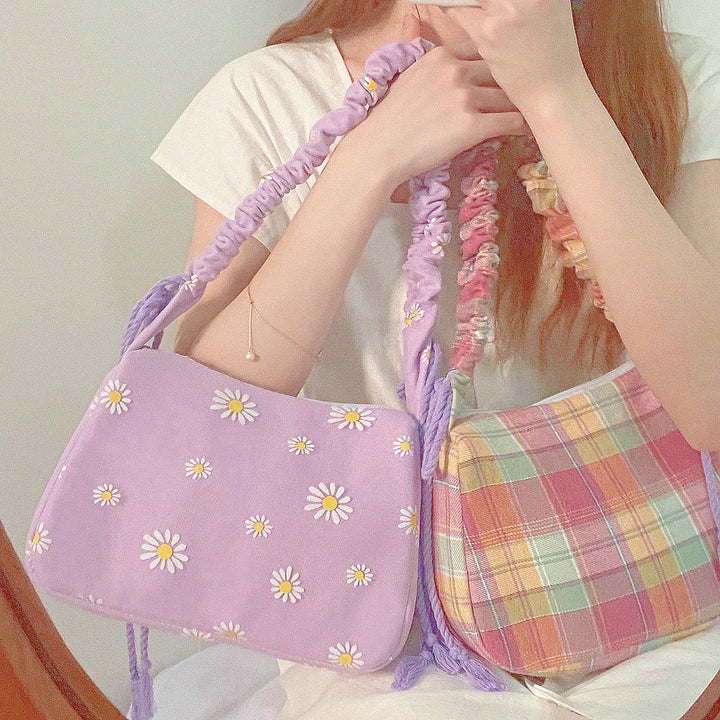Lavender Daisy and Checkered Print Shoulder Bag