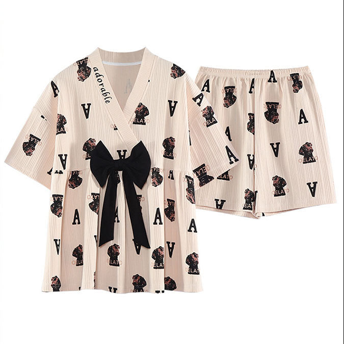 Cartoon Print Bow Knot V-neck Cotton Summer Pajamas Set