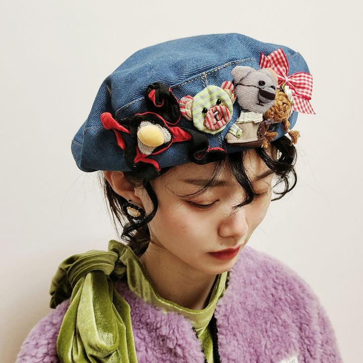 Vintage Bear Bowknot Flower Embroidery Denim Beret