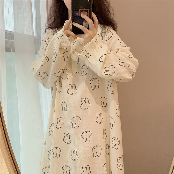 Lovely Rabbit Print Comfy Cotton Long Pajamas Dress