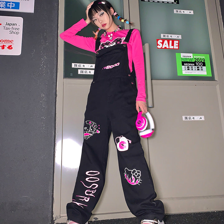 Retro Punk Kitty Print Oversize Overalls