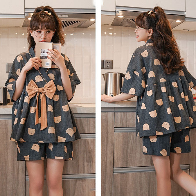 Cartoon Print Bow Knot V-neck Cotton Summer Pajamas Set