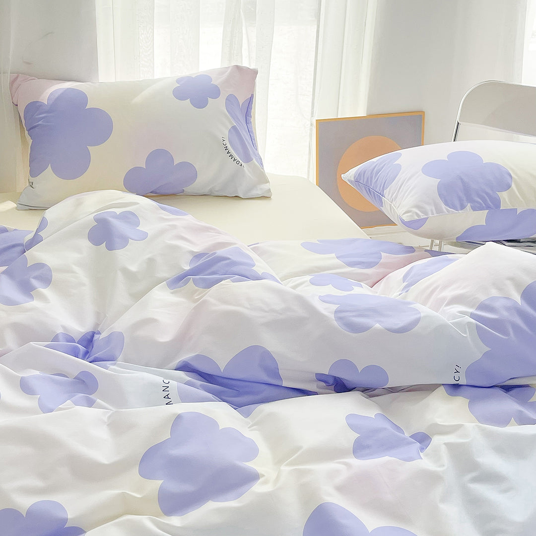 Purple Flower Print Cotton Bedding Set