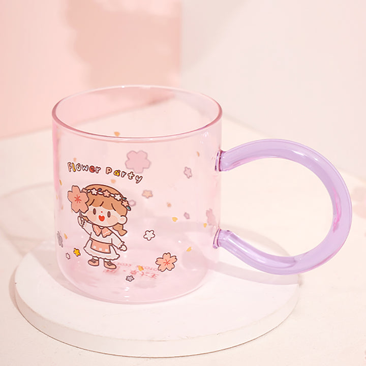 Cute Cartoon Girl Flower Party Glass Cup with Spoon