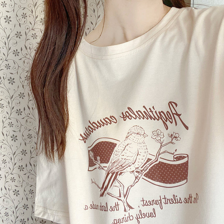 Vintage Girl Print Loose Round Collar T-shirt