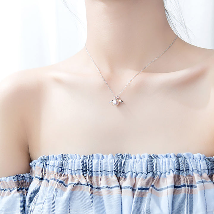 Love Angel Wings Pearl Silver Necklace
