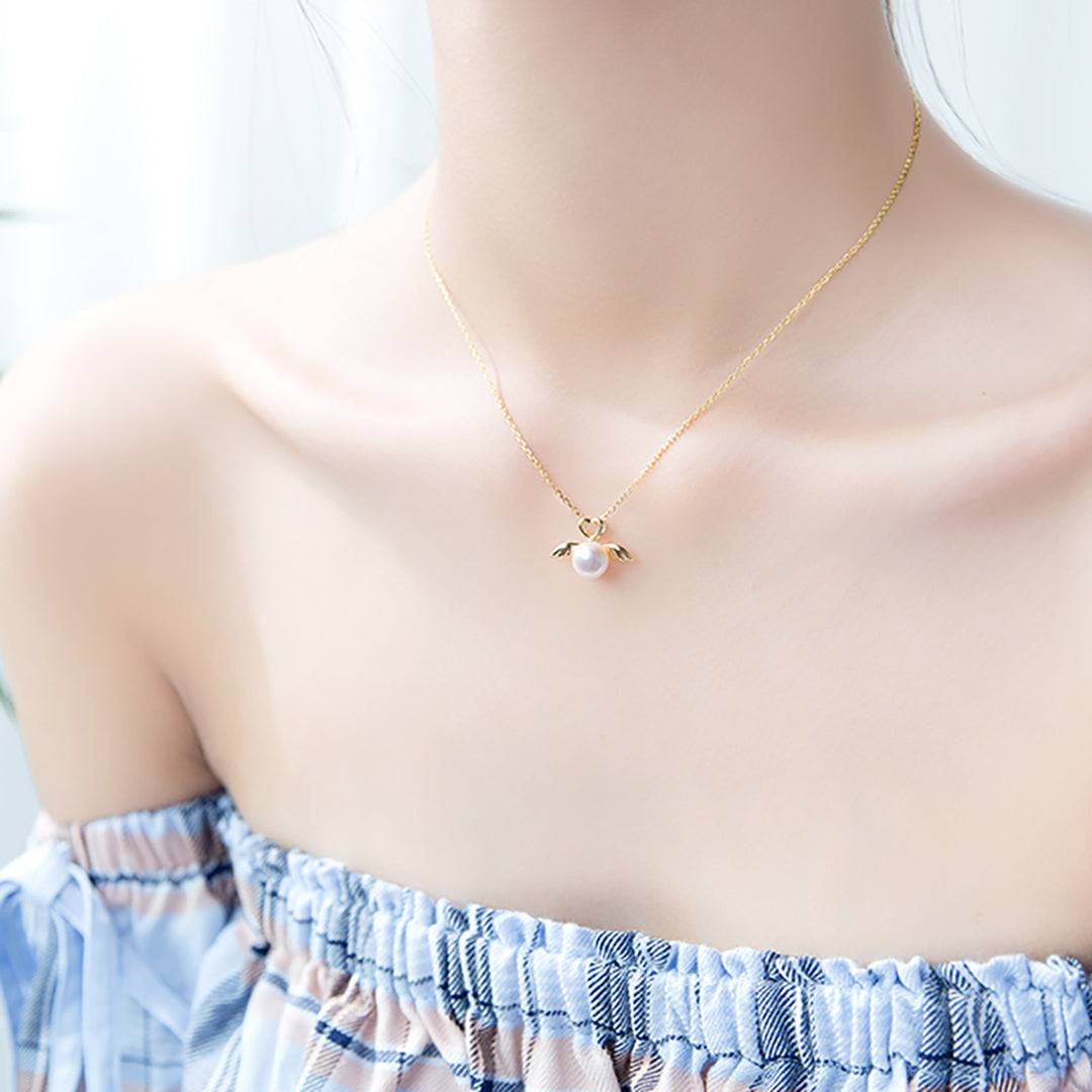 Love Angel Wings Pearl Silver Necklace