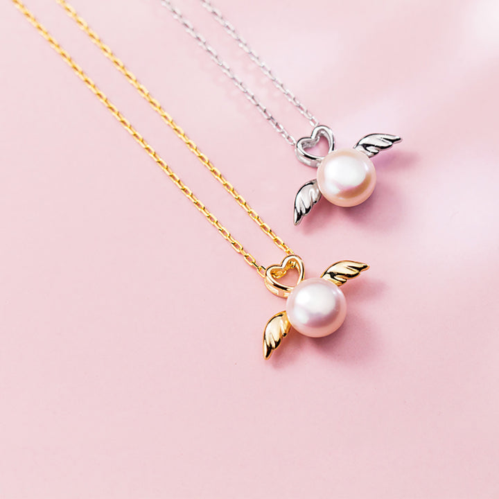 Love Angel Wings Pearl Silver Necklace