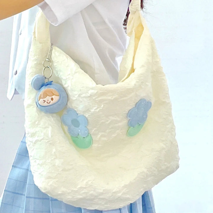 Blue Flower Convertible Tie Up Shoulder Tote Bag